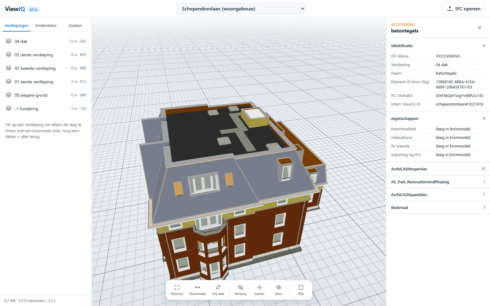 ViewIQ-viewer met verdiepingenlijst, 3D-model en het eigenschappenpaneel van een geselecteerd onderdeel