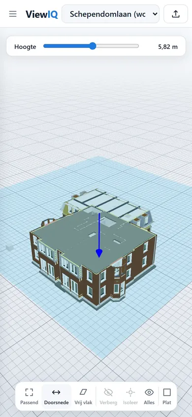 ViewIQ op een telefoon met een horizontale doorsnede door het gebouw